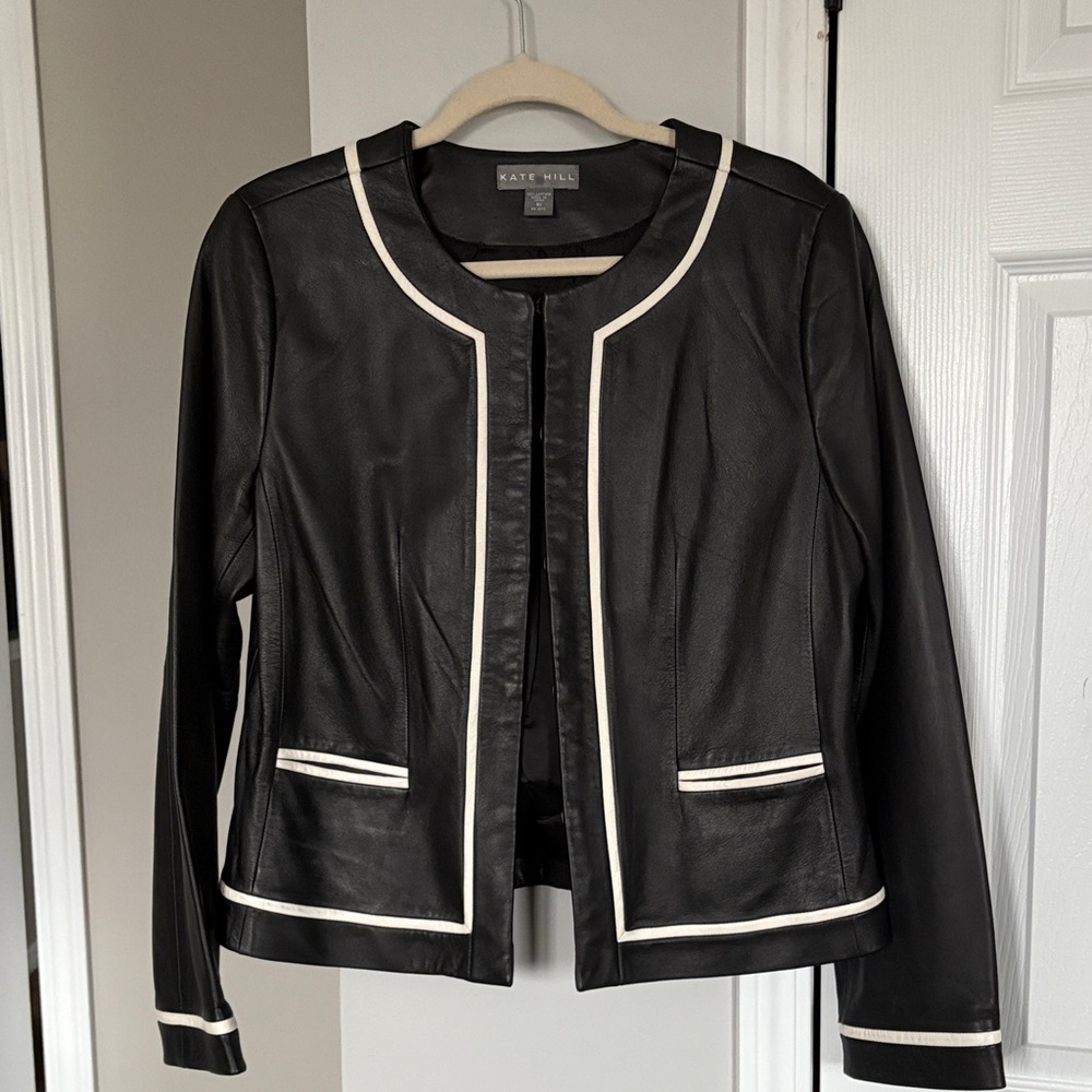 Kate Hill Black Genuine Leather Jacket with White Accents